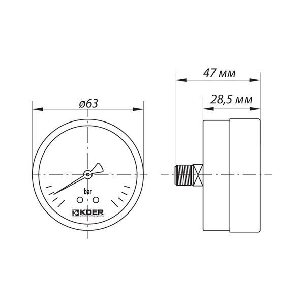 Манометр аксіальний (KOER KM.611A) (0-10 bar), D 63мм, 1/4''-1/2'' (KR0212) KR0212 фото