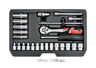 Набір головок торцевих YATO : CrV, квадрат 1/4", M 3.5-13 мм з інструментами. 25 шт. YT-14461 YT-14461 фото