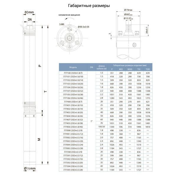 Насос відцентровий свердловинний 0.55кВт H 46(34)м Q 90(60)л/хв &Oslash;80мм (кабель 25м) DONGYIN 3SEm3.5/12 (777391) 777391 фото