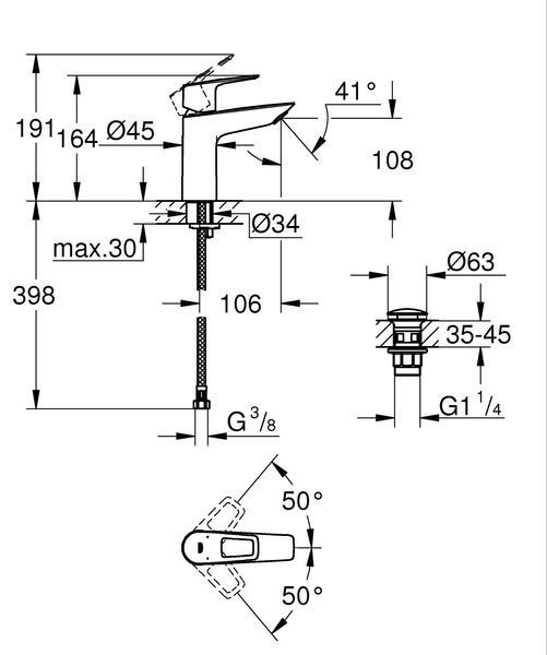 Одноважільний змішувач для раковини M-Size Grohe BauLoop New з натискним донним клапаном (23886001) 23886001 фото