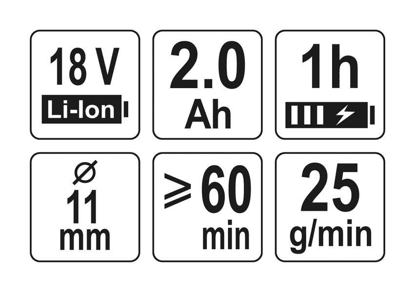 Пістолет клейовий акумуляторний YATO: Li-Ion 18В 2 Ач, для стержнів &Oslash;11 мм, 25 г/хв + 3 стержня YT-82854 YT-82854 YT-82854 фото