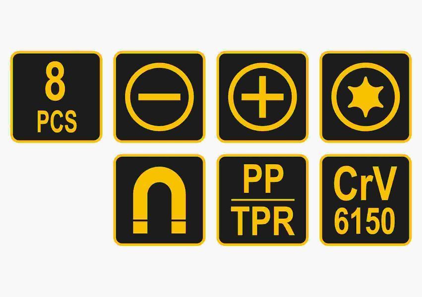 Набір викруток з подовженими стержнями VOREL : L= 325 мм, SL, PH, TORX, Cr-V, 8 шт (60990) 60990 фото