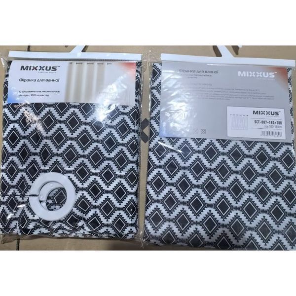 Шторка для ванної Mixxus SCT-007-180x180 з поліестеру із вбудованими кільцями (Візерунок "Соти" чорно-білий) (AC0648) AC0648 фото
