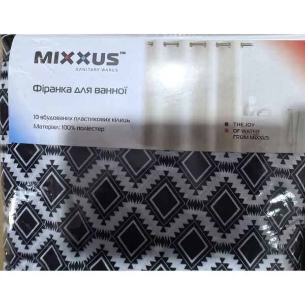 Шторка для ванної Mixxus SCT-007-180x180 з поліестеру із вбудованими кільцями (Візерунок "Соти" чорно-білий) (AC0648) AC0648 фото