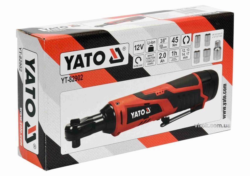 Тріщатка ударна акумуляторна YATO : Li-Ion 12 В, 2 Агод, 3/8", 45 Нм + 4 торцеві головки YT-82902 YT-82902 фото