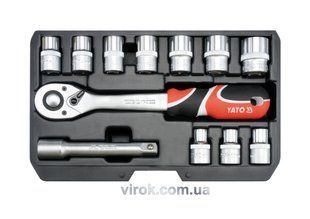 Набір головок торцевих YATO : квадрат 1/2", М10-24 з тріщаткою, подовжувачем. 12 Шт. YT-38671 YT-38671 фото