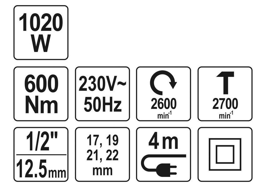 Гайковерт ударний мережевий YATO: 1/4" HEX x 1/2" F, 1020Вт, 600Нм, 2600 об/хв +4 головки і кейс YT-82021 YT-82021 фото