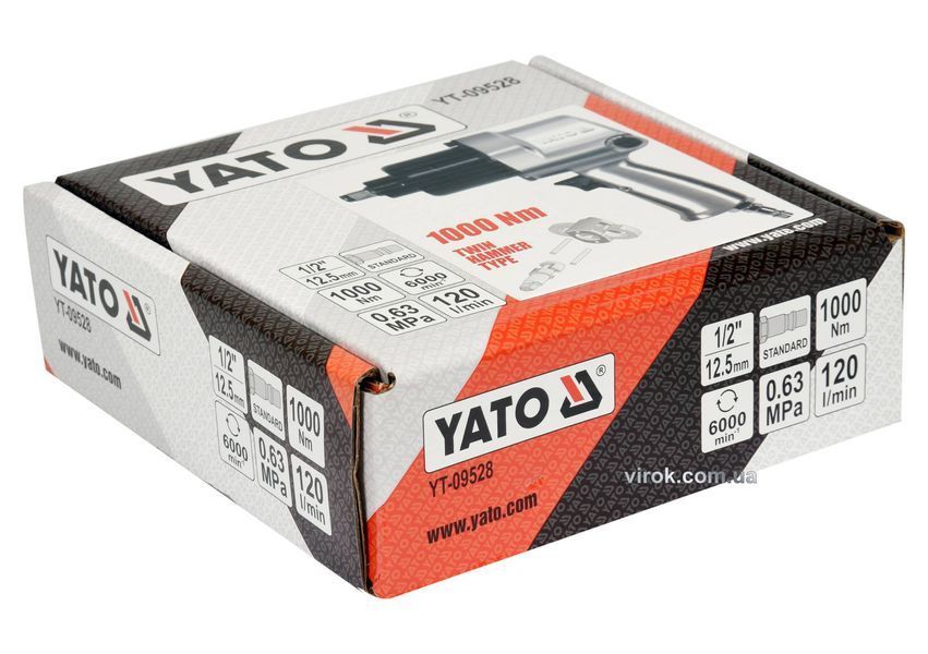 Гайковерт ударний пневматичний YATO : квадрат 1/2", F= 1000 Nm, роб. тиск- 6.3 Bar при 120 л/хв YT-09528 YT-09528 фото