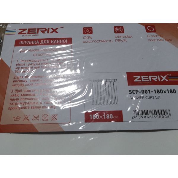 Шторка для ванной Zerix SCP-001-180x180 из PEVA (полиэтиленвинилацетата)(Цвет белый прозрачный) (ZX5000) ZX5000 фото