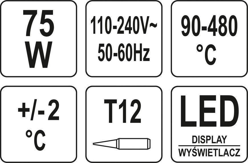 Паяльная станция сетевая: 110-230 V YATO; Р = 75 Вт, t &deg; = 90-480 &deg; С, жало тип T12, LCD табло (DW) YT-82461 YT-82461 фото