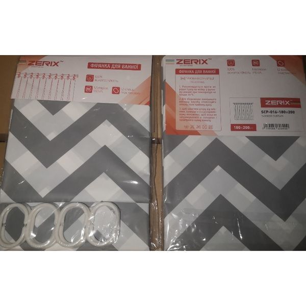Шторка для ванної Zerix SCP-016-180x200 з PEVA (поліетиленвінілацетату) (Візерунок "Зигзаг" біло-чорний) (ZX6089) ZX6089 фото