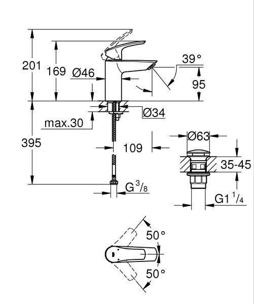 Одноважільний змішувач для раковини S-Size Grohe Eurosmart New з натискним донним клапаном (23922003) 23922003 фото