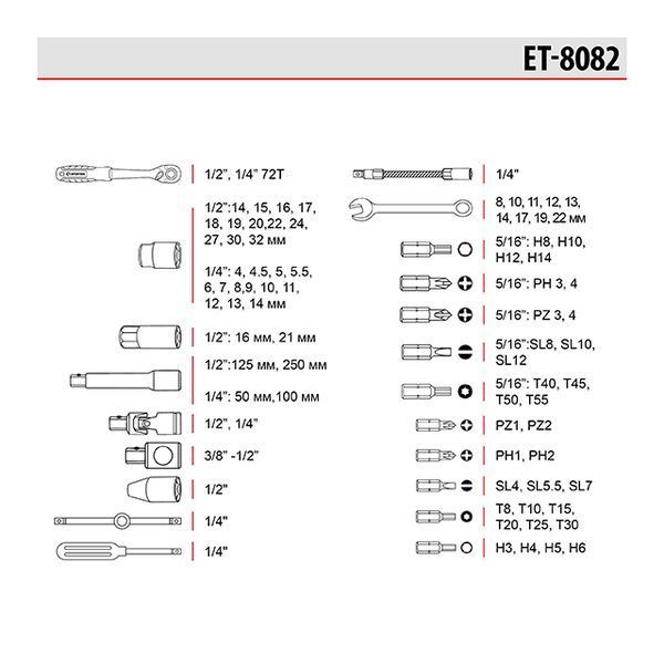Набор инструментов STORM, 1/2" + 1/4", Cr-V, 82 ед., головки: 4-32 мм, биты 32 ед., ключи: 8-22 мм, кейс INTERTOOL ET-8082 ET-8082 фото