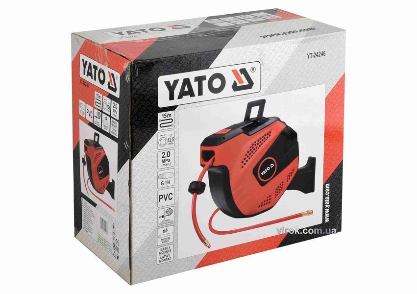 Шланг пневматичний ПВХ на котушці YATO з швидкоз'єдн. наконеч-ми 1/4", &Oslash;=12.5 мм, тиск- 20Bar, l=15м YT-24246 YT-24246 фото