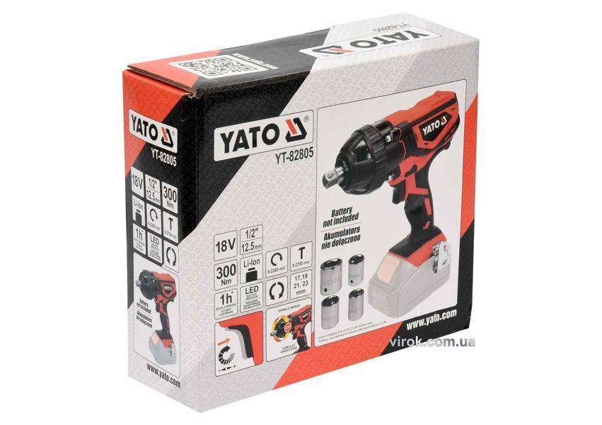 Гайковерт ударный аккумуляторный YATO: квадрат 1/2", 300Нм, Li-Ion 18В, +4 головки, (БЕЗ АККУМУЛЯТОРА) YT-82805 YT-82805 фото