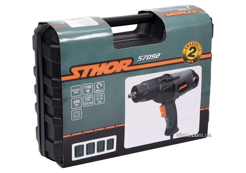 Гайковерт ударний мережевий STHOR до квадр. 1/2", P=1100 Вт, F=450 Nm, торц- 17, 19, 21, 22 мм (57092) 57092 фото
