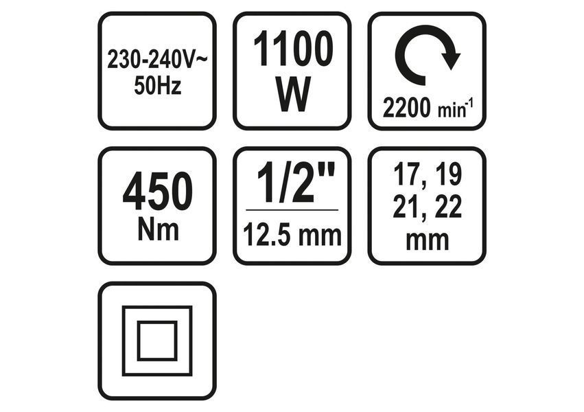 Гайковерт ударний мережевий STHOR до квадр. 1/2", P=1100 Вт, F=450 Nm, торц- 17, 19, 21, 22 мм (57092) 57092 фото