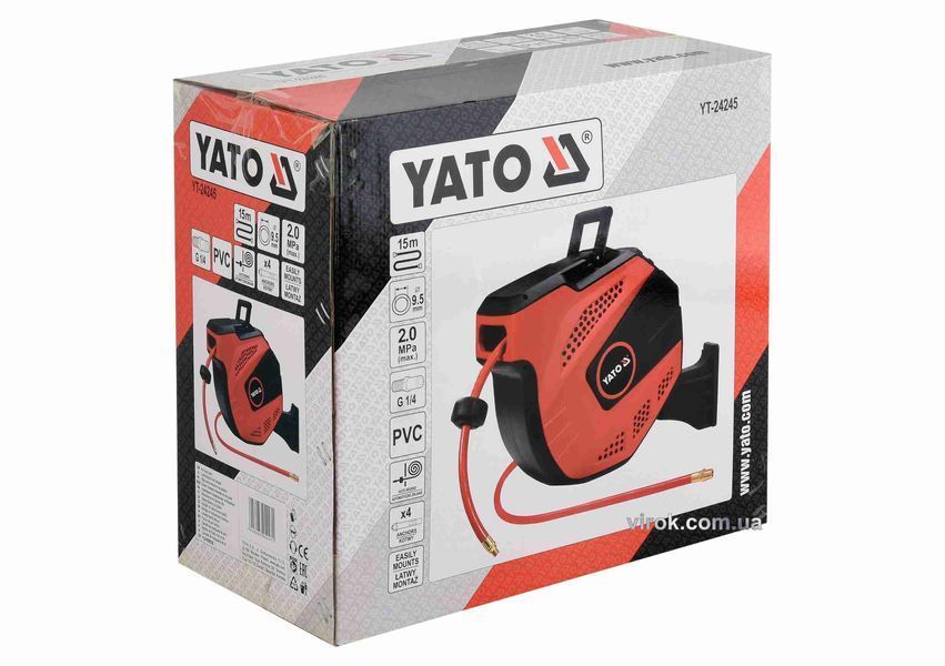 Шланг пневматический ПВХ на катушке YATO с быстросоедин. наконечни-ми 1/4", &Oslash;=9.5 мм, давление- 20Bar, l= 15м YT-24245 YT-24245 фото