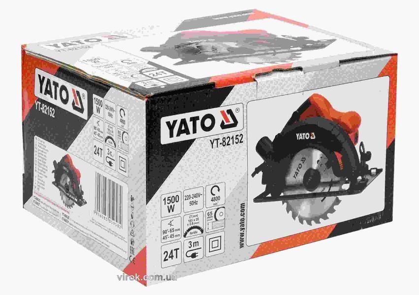 Пила дискова мережева YATO : P= 1.5 кВт, диск &Oslash;=185x20x2.8 мм, кут 0-45&deg;, гл.&le; 65мм YT-82152 YT-82152 фото