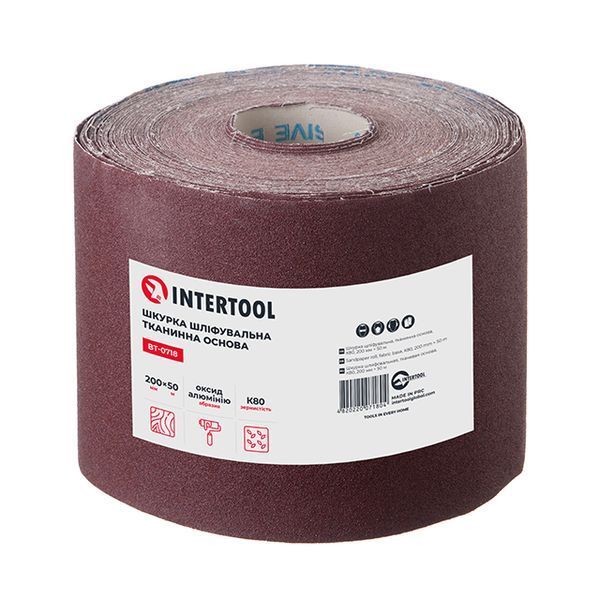 Шкурка шліфувальна, тканинна основа, К80, 200 мм &times; 50 м INTERTOOL BT-0718 BT-0718 фото