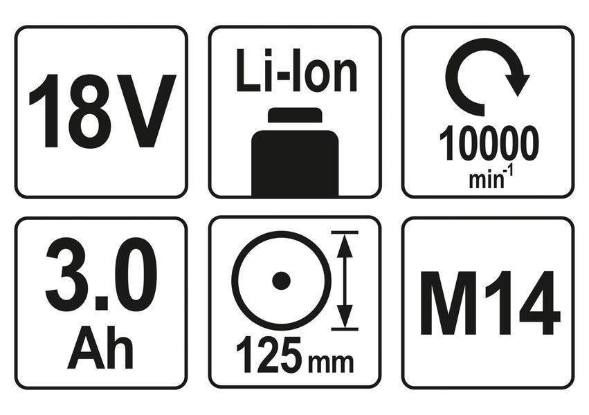 Шліфмашина кутова акумуляторна YATO 2Li-Ion, 18В, 3АГод, для диска &Oslash;=125мм, з зарядним пристроєм YT-82828 YT-82828 фото