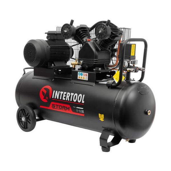 Компрессор, 100 л, 3,0 кВт, 380 В, 10 атм, 500 л/мин, 2 цилиндра, 80 дБ INTERTOOL PT-0013 PT-0013 фото