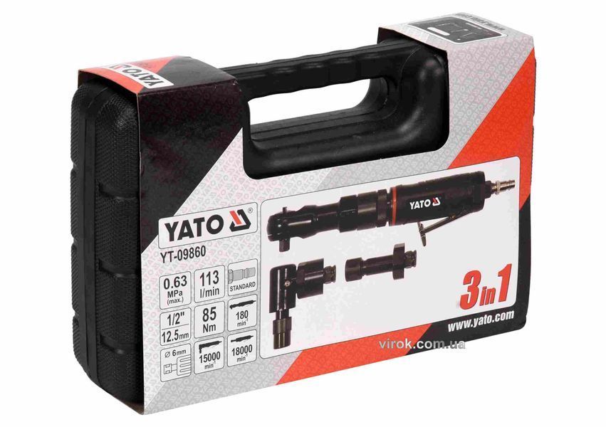 Трещатка, шлифмашинка угловая и прямая пневматические YATO: 1/2", давление - 0.63 МПа, 113 л/мин 3 шт+кейс YT-09860 YT-09860 фото