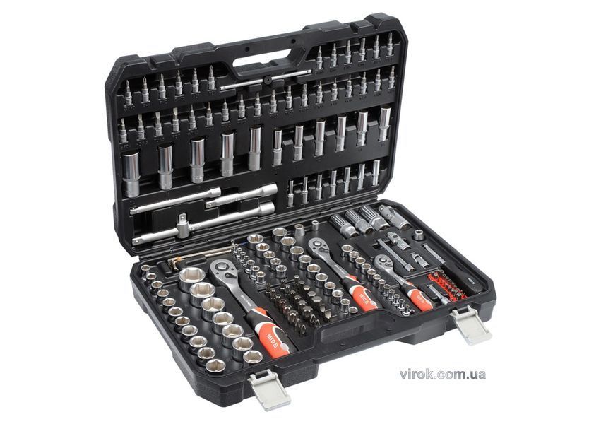 Набір головок торцевих YATO : квадрат 1/2", 3/8", 1/4" з інстр-ми, насадки викруткові. 173 шт. YT-38931 YT-38931 фото