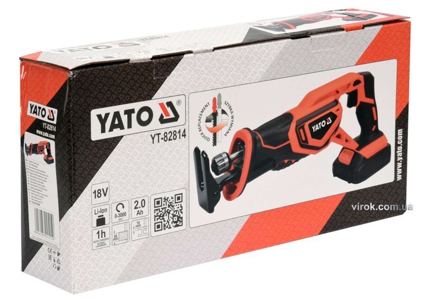 Пила шаблева акумуляторна YATO : Li-Ion 18 В, 2 АГод, з зарядним пристроєм YT-82814 YT-82814 фото