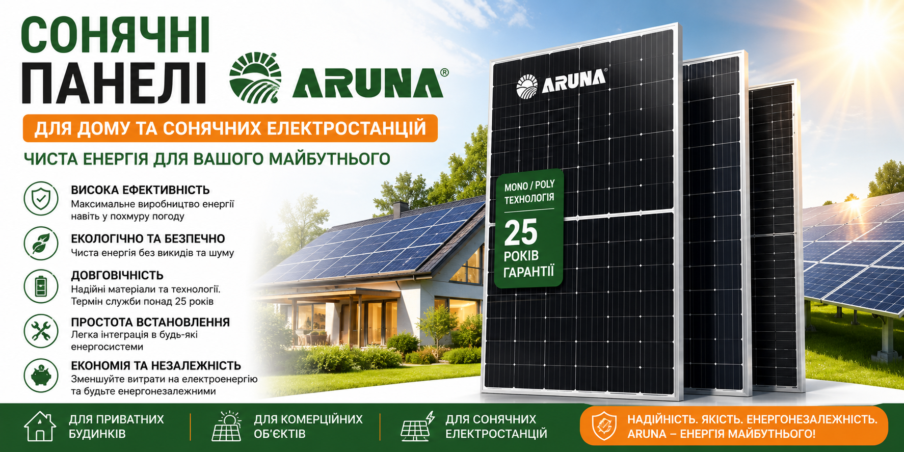 Сонячні панелі ARUNA для будинку та сонячних електростанцій