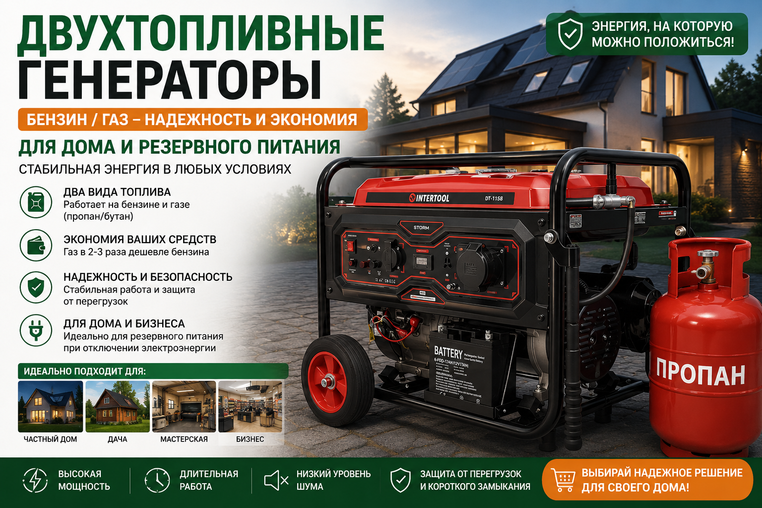 Двухтопливные генераторы бензин газ для дома и резервного питания