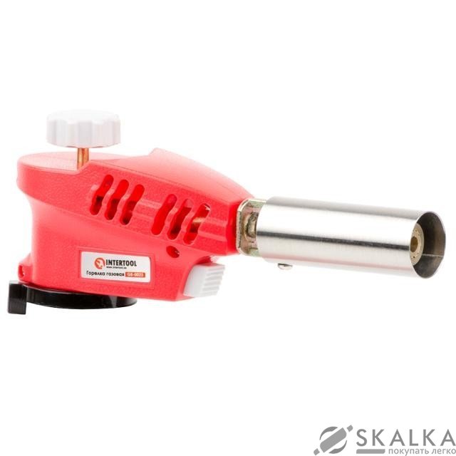 На фото Горелка газовая Intertool пьезозажигание на курке, регулятор, рассекатель пламени (GB-0023)