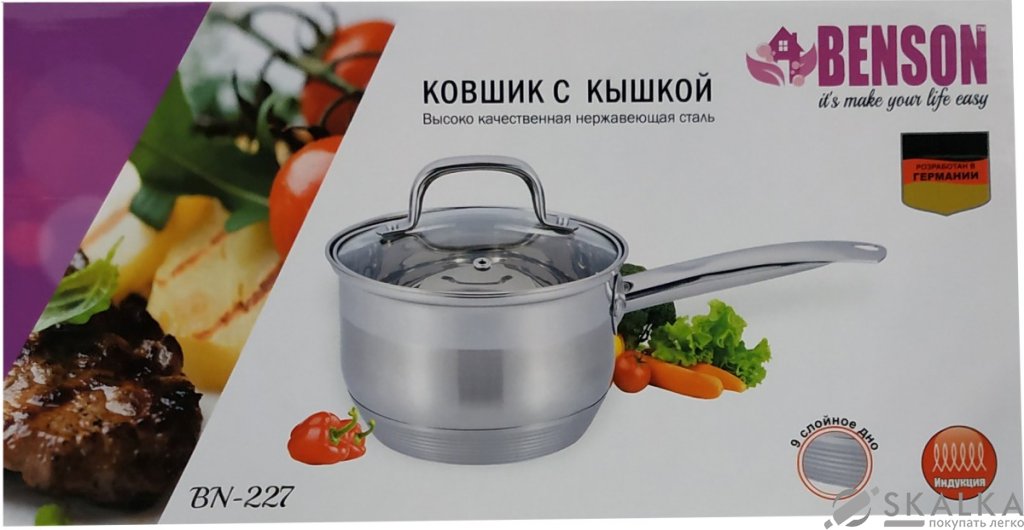 На фото Ковш из нержавеющей стали с крышкой Benson 14 см 1 л (BN-227)