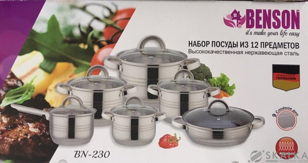 На фото Набор посуды из нержавеющей стали Benson 12 предметов (BN-230)