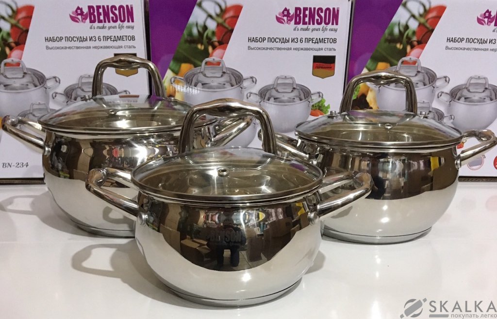 На фото Набор кастрюль из нержавеющей стали Benson 6 предметов (BN-234)