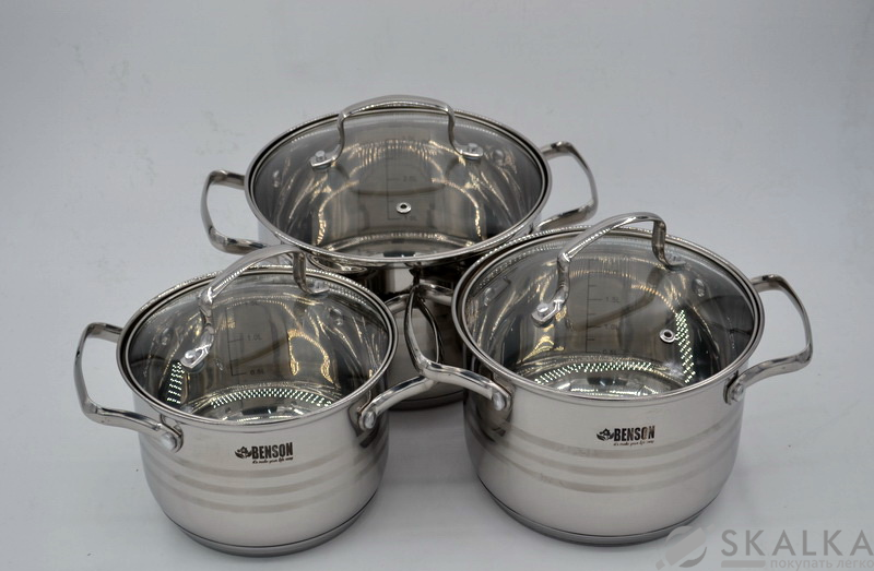 Набор кастрюль из нержавеющей стали Benson 6 предметов (BN-233) На фото Набор кастрюль из нержавеющей стали Benson 6 предметов (BN-233)
