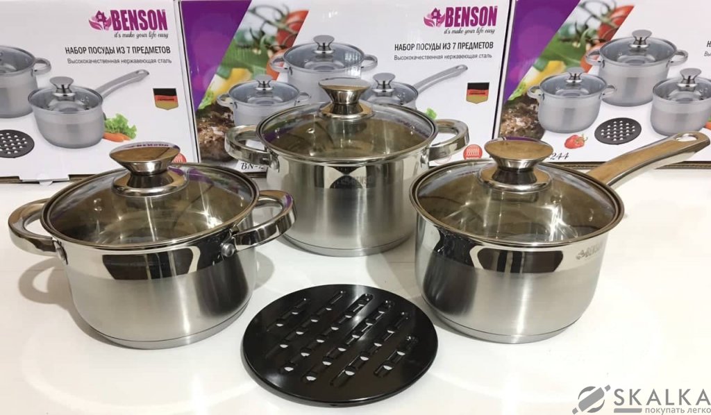 На фото Набор кастрюль из нержавеющей стали Benson 7 предметов (BN-244)