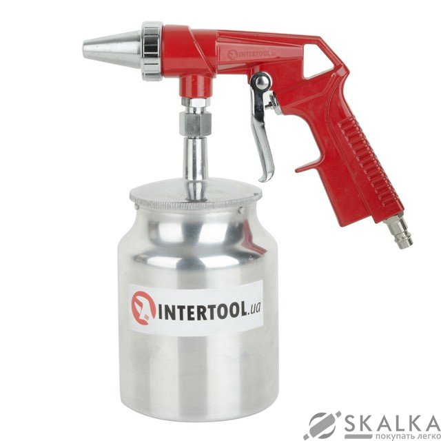 На фото Пистолет пескоструйный пневматический Intertool с металлическим бачком (PT-0707)