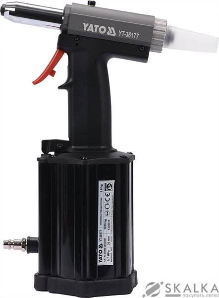 Пневмозаклепочник Yato 4.0; 4.8; 5.0; 6.4 мм 60 л/мин (YT-36177) На фото Пневмозаклепочник Yato 4.0; 4.8; 5.0; 6.4 мм 60 л/мин (YT-36177)