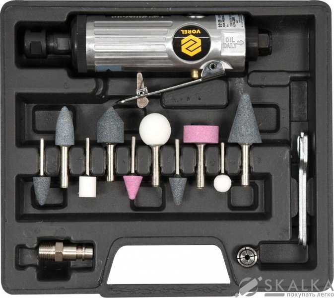 На фото Пневмошлифмашина прямая Vorel 1/4" в наборе 10 шт патрон 3 и 6 мм (81109)