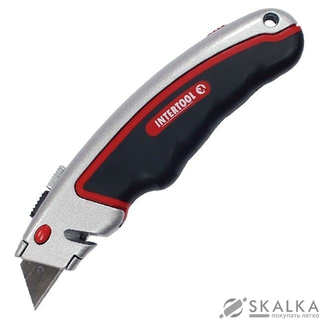На фото Нож Intertool с трапециевидным лезвием, металлический корпус, прорезиненный (HT-0516)