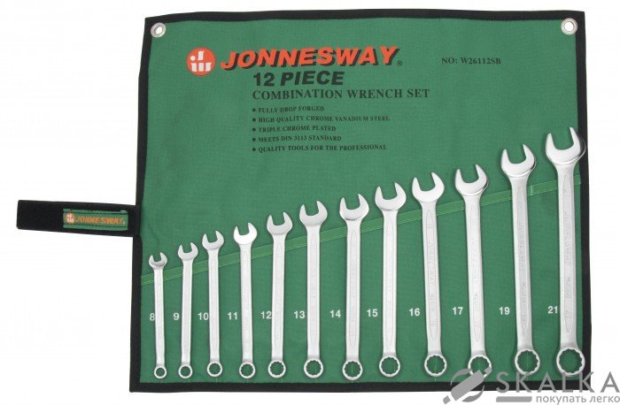 На фото Набор комбинированных ключей Jonnesway 12 предметов в тканевом чехле (W26112SB)