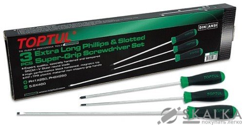 Набор отверток длинных Toptul 3 шт PH1x250, PH2x250, SL5,5x400 (GAAE0305) На фото Набор отверток длинных Toptul 3 шт PH1x250, PH2x250, SL5,5x400 (GAAE0305)