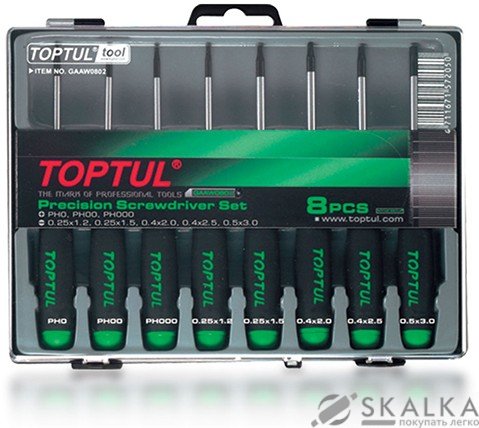 На фото Набор отверток Toptul PH000-PH0, SL1.2-SL3 8 шт (GAAW0802)