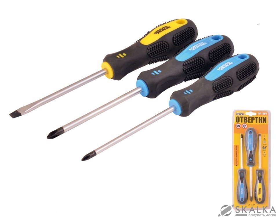 На фото Набор отверток Mastertool 3 шт PH1*100, 2*100, SL5*100 (40-1504)
