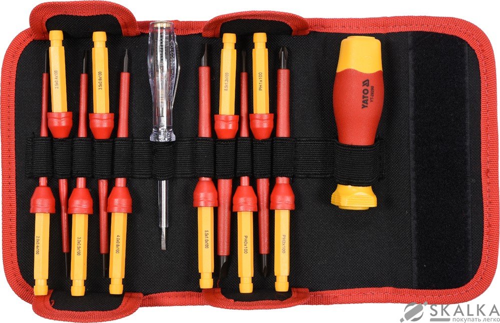 Набор отверток диэлектрических изолированных Yato до 1000 V, 12 шт с чехлом (YT-28290) На фото Набор отверток диэлектрических изолированных Yato до 1000 V, 12 шт с чехлом (YT-28290)