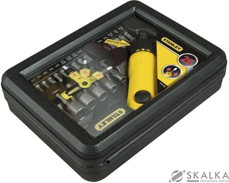На фото Отвертка реверсивная Stanley Pistol Grip Ratchet трещотка, насадки 22 шт (0-63-022)