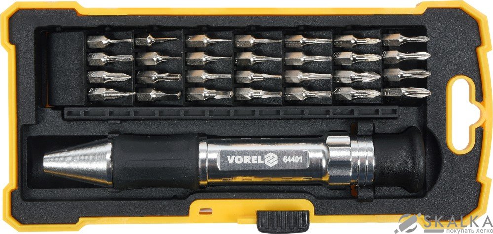 На фото Отвертка Vorel со сменными прецизионными насадками в футляре 29 шт (64401)