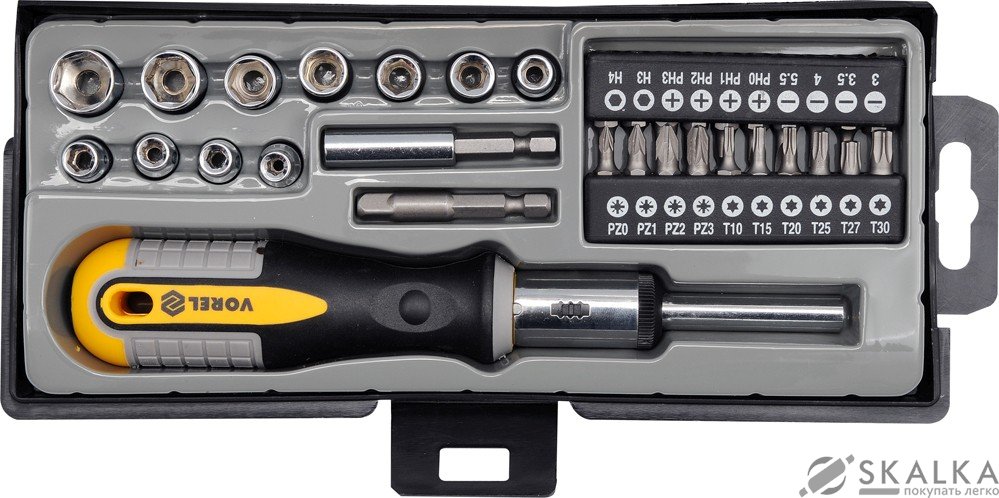 На фото Отвертка реверсивная Vorel трещотка, 21 насадка, адаптер, держатель Cr-V кейс 36 шт (64660)