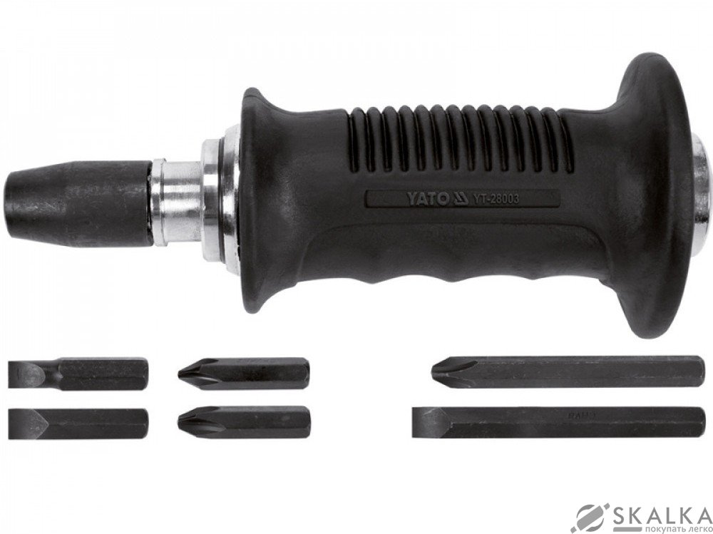 На фото Отвертка реверсивная ударная Yato 175 мм, трещотка, 6 насадок, CrV Футляр (YT-28003)